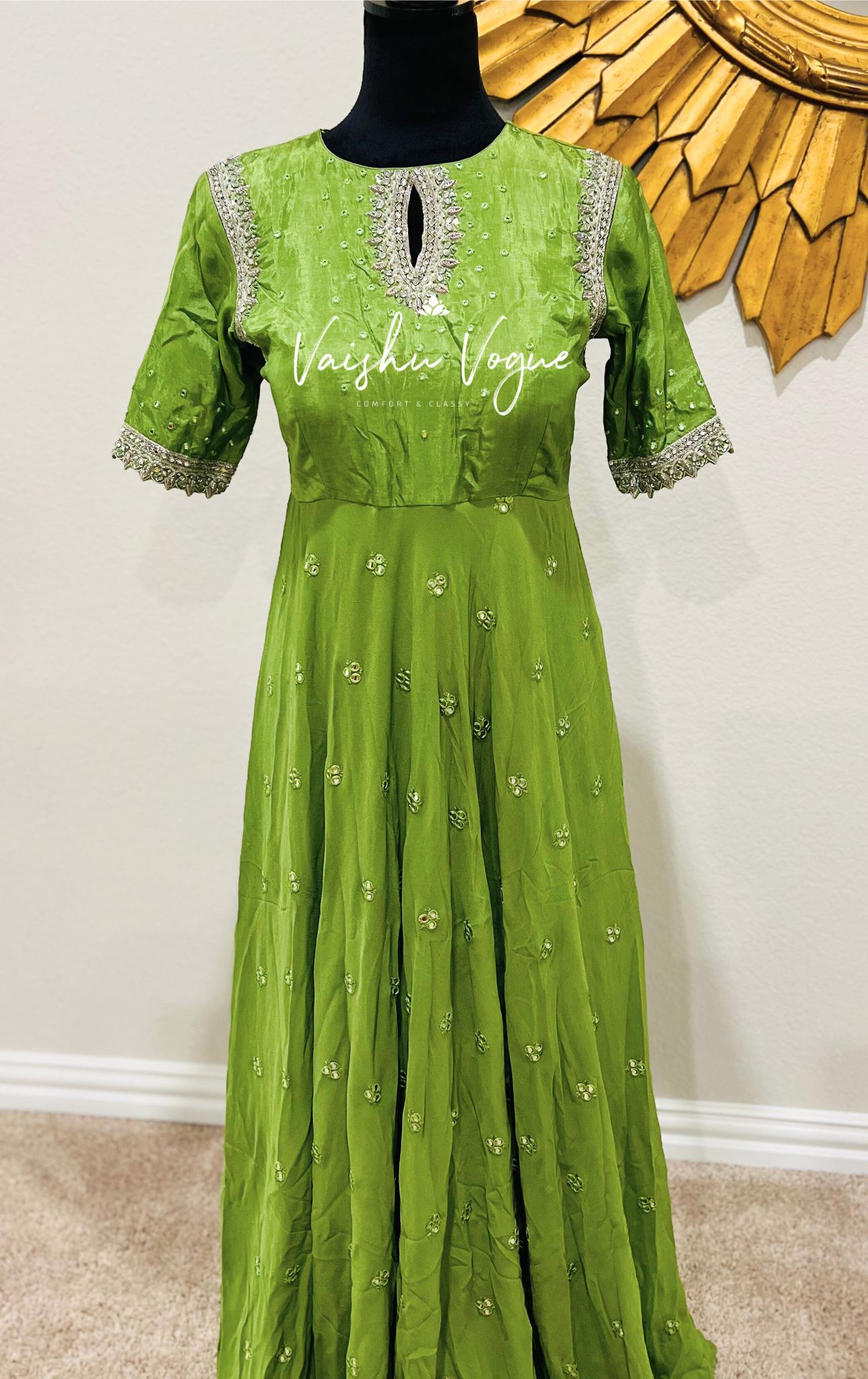 Parrot green Zardozi work