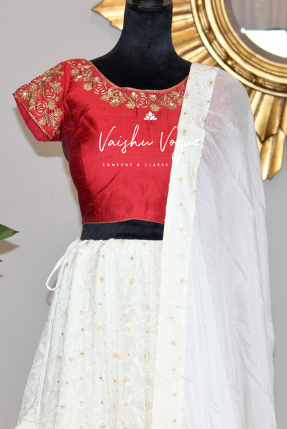 Chikankari lehenga (red & white)