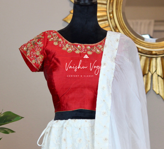 Chikankari lehenga (red & white)